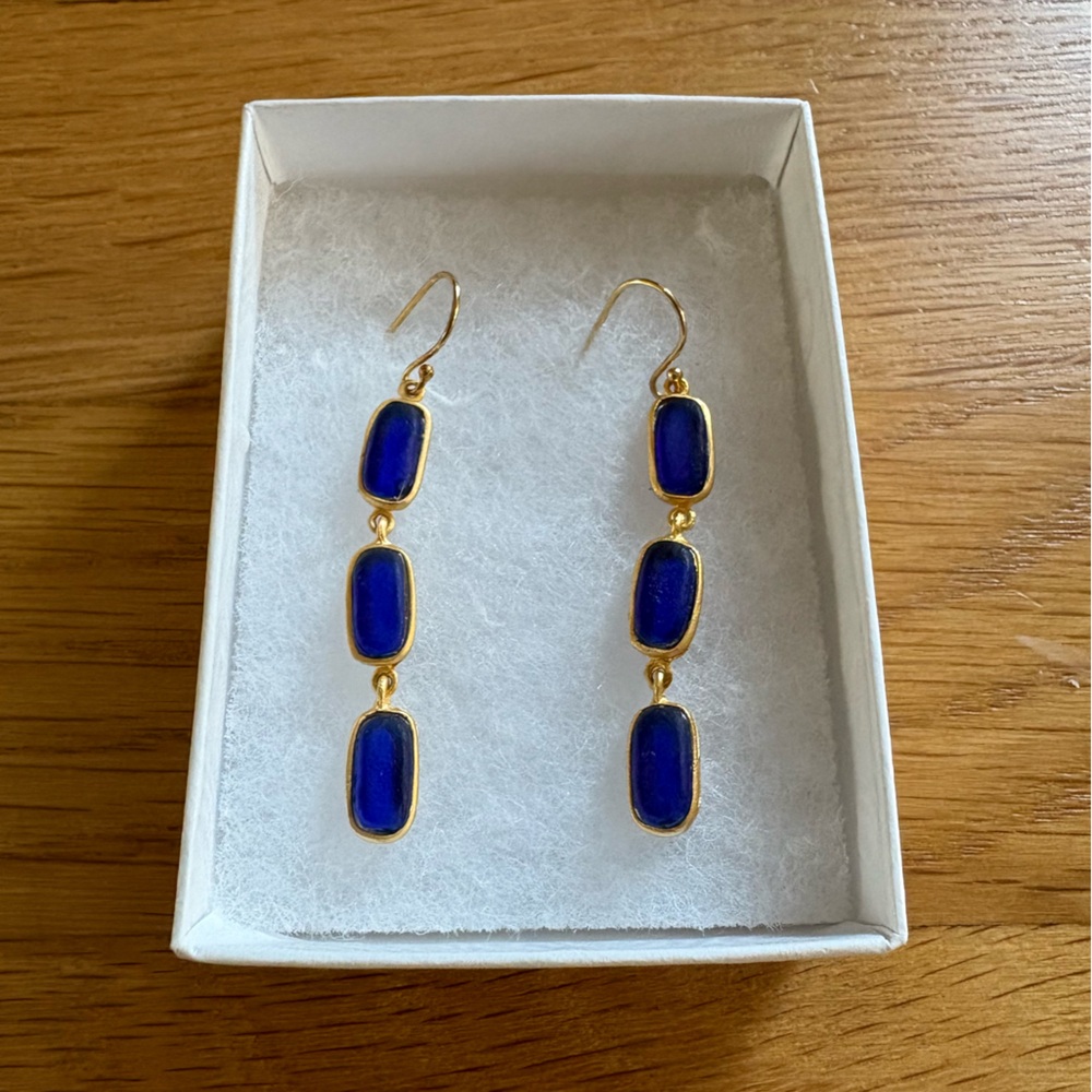 Cobalt blue sea glass earrings with gold setting